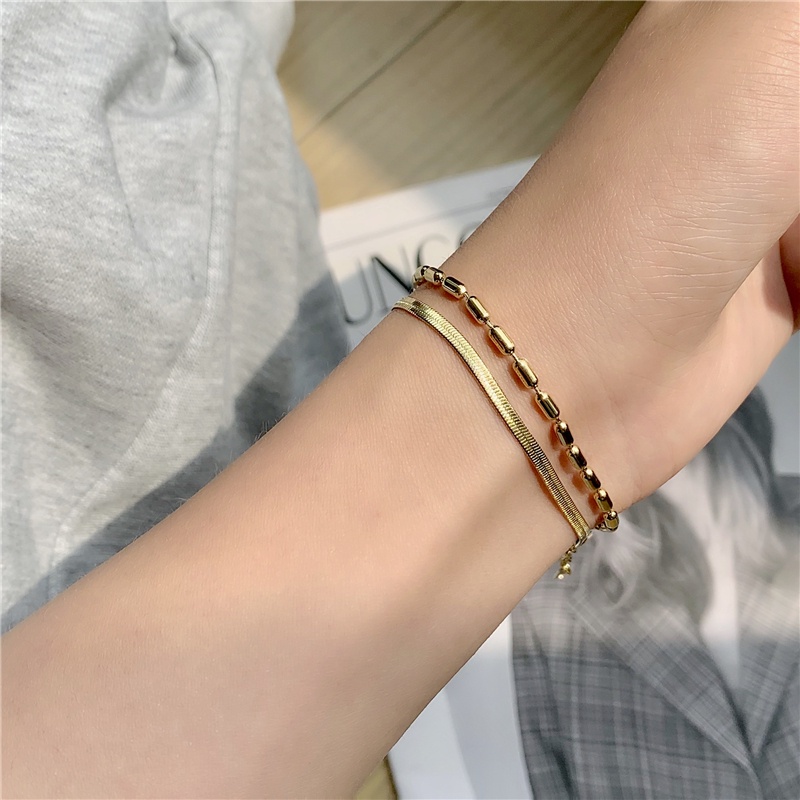 Gelang titanium anti Karat anti Luntur Wanita Rantai Ganda Bulat Kecil Kacang tandem