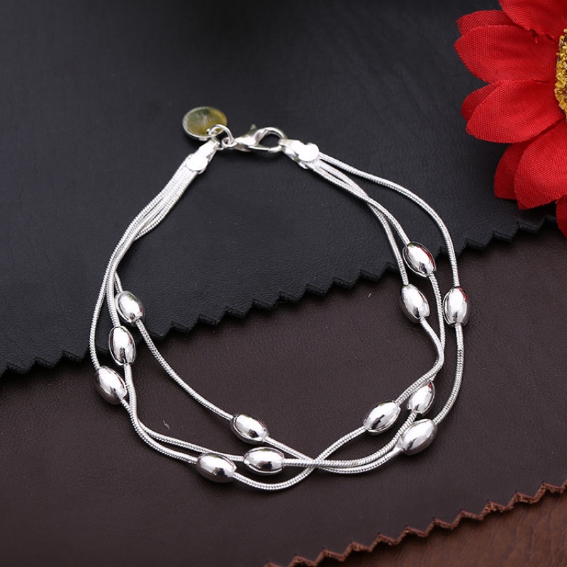 Gelang Wanita Gaya Etnik Indah Perhiasan Pacaran Hari Valentine Trendi Gelang Hias Harian Perak Triple Oval Bead Bracelet