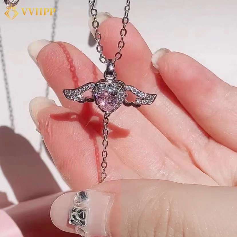 Korean Pink Zircon Heart Pendant Necklace for Women Moving Wings Silver Chain Choker Jewelry Accessories