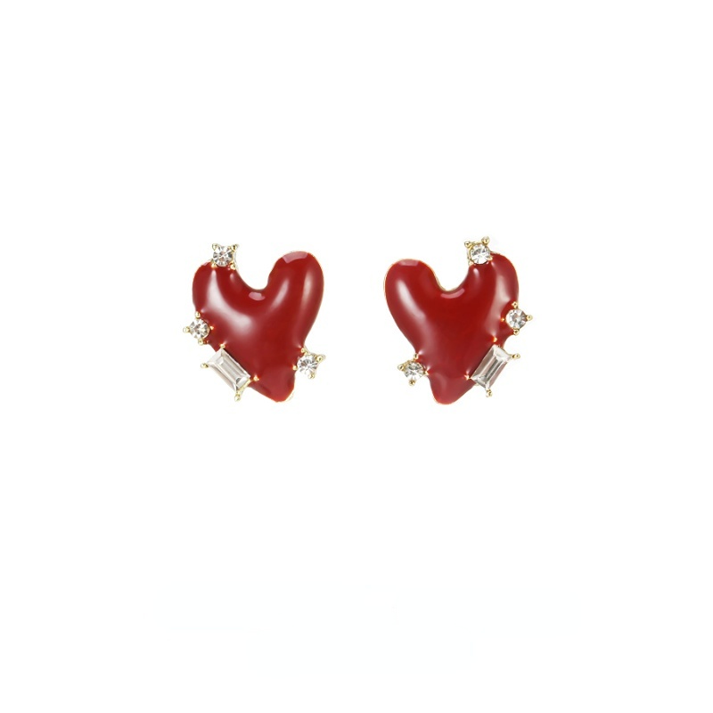 Anting Zirkon Geometris Cinta Merah Anggur Gadis Keren Retro Hati Ear Studs Untuk Perempuan