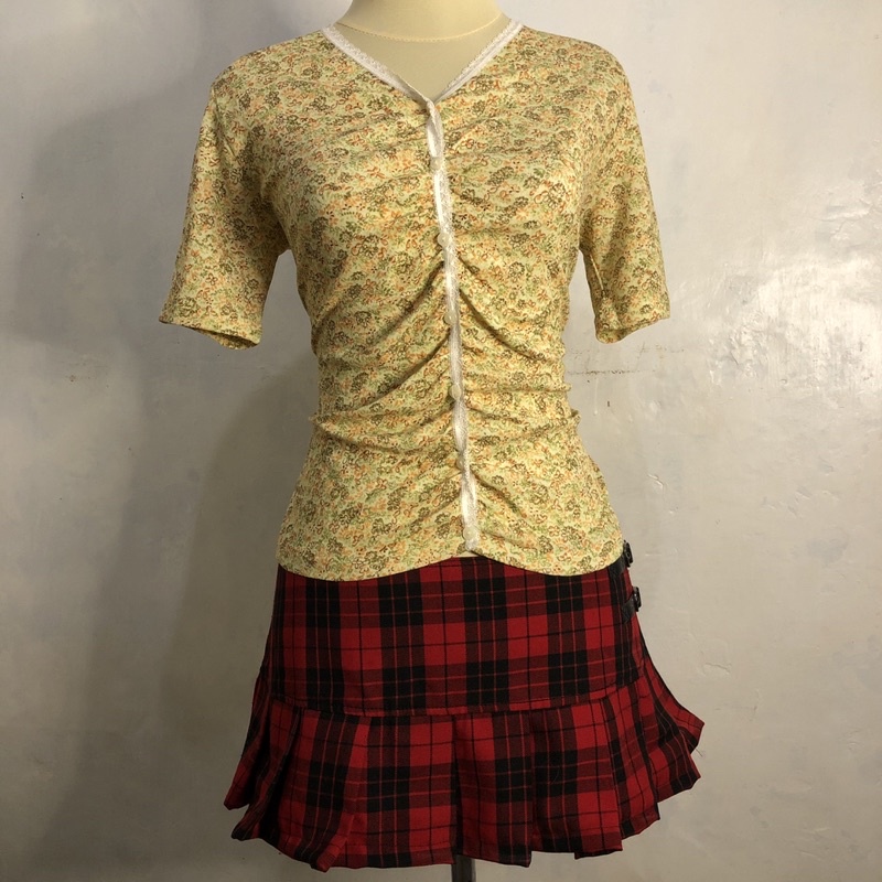 VINTAGE 80S 90S BETTYS BLUE SHINJI ABE FLORAL LACE RUCHED CARDI TOP