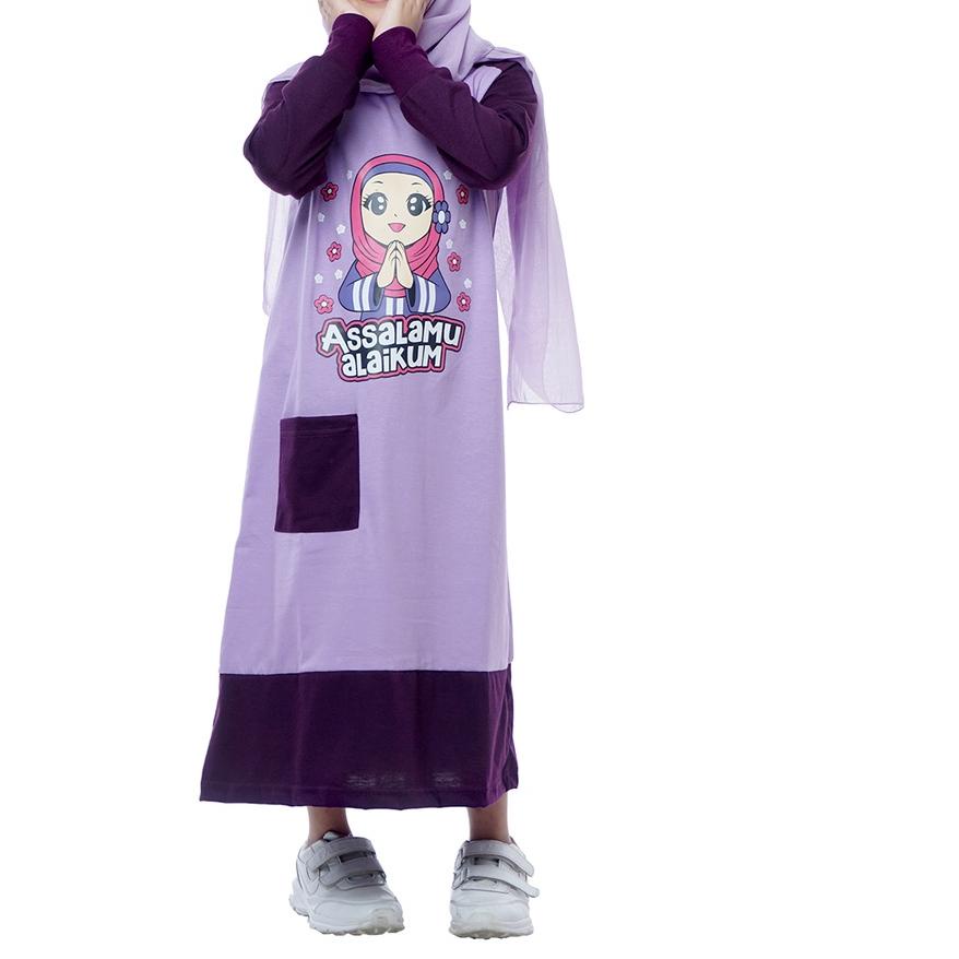 ☪ Dungdungkids Baju Gamis Kaos Anak Perempuan Muslimah Assalamualaikum Ungu Ungu (Tanpa Jilbab) ➫
