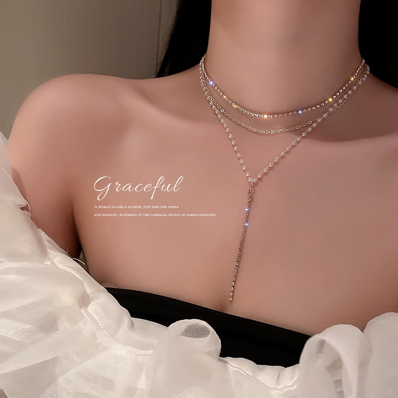 Kalung Multilayer Choker Rantai Kristal Mutiara Rumbai Emas Untuk Aksesoris Perhiasan Wanita