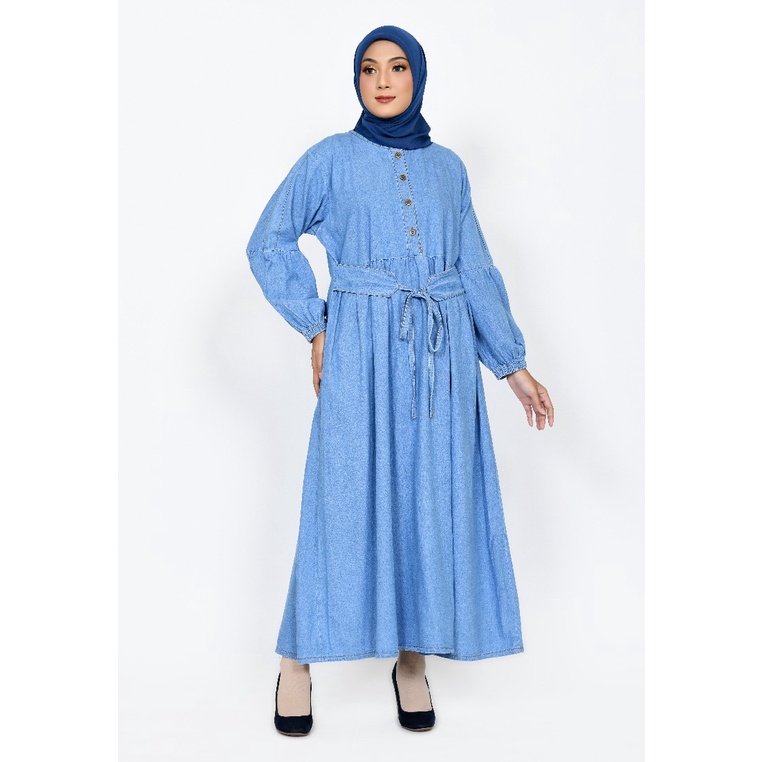 Gamis Dress Jeans Muslim  Wanita Syar i  Fit XL Ld 118 cm Lezahrasignature Gamis Syar'i Denim Obi Be