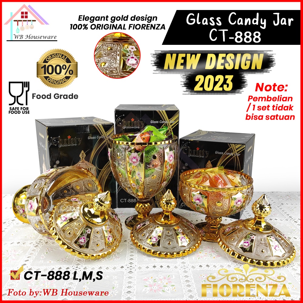 FIORENZA toples kaca set 3  tempat permen snack motif gold crystal CHRISTY CT-888 / glass candy food
