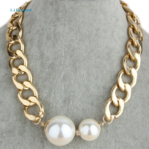 [LS] Fashion Wanita Besar Mutiara Imitasi Curb Rantai Choker Kerah Statement Necklace