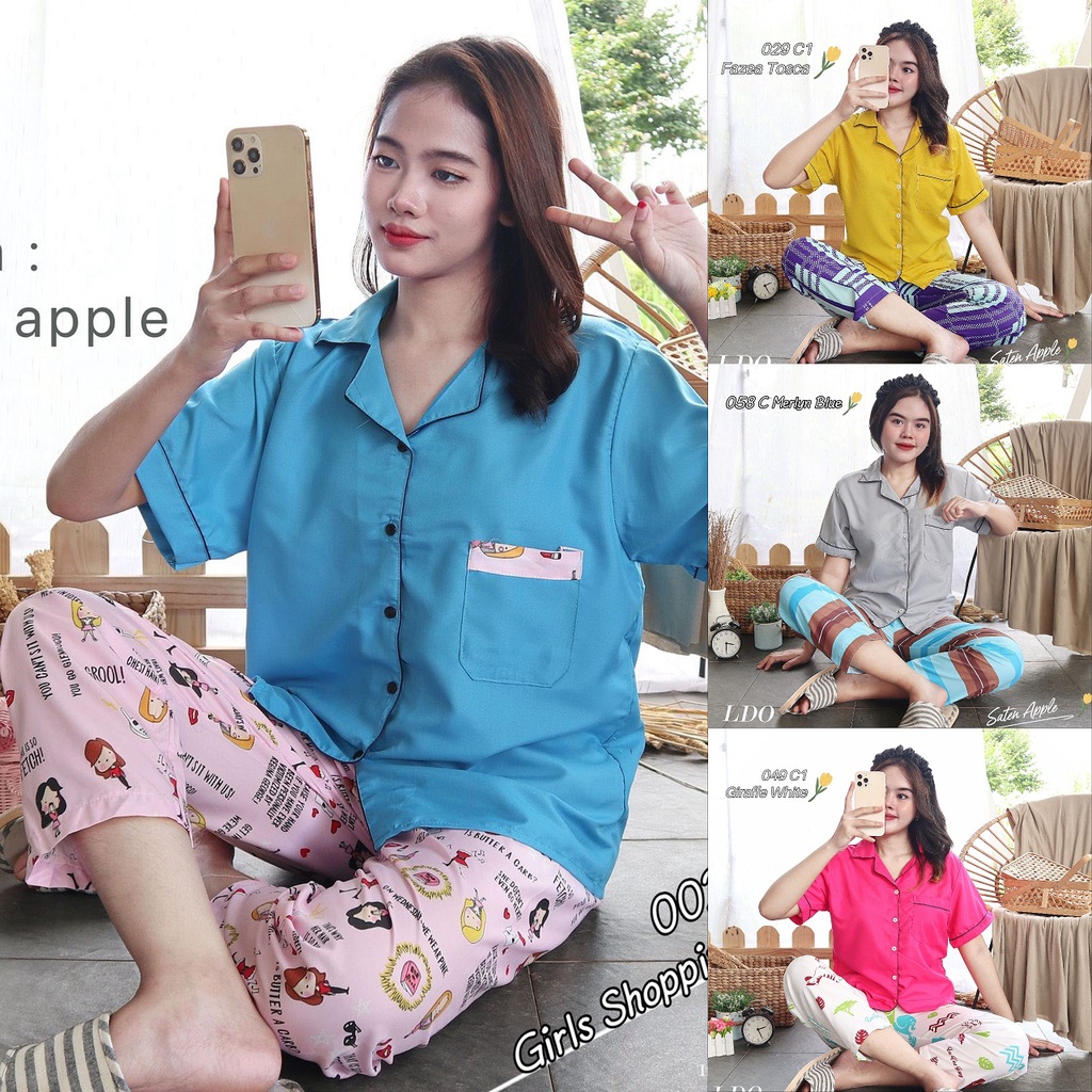 IZANY Piyama Dewasa Bunga CP allsize / Daily Set Lengan Pendek Saten Apple