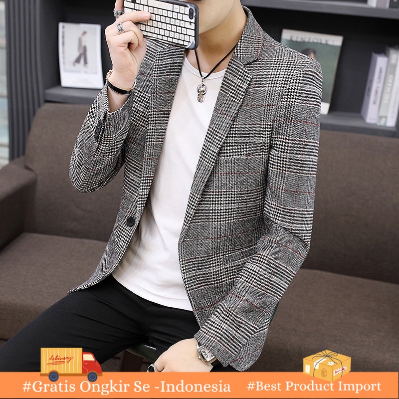 Jas Kantor Pria 2023 Custom       Leisure    Korea Slim Fit Kotak-kotak   jas Import Berkualitas