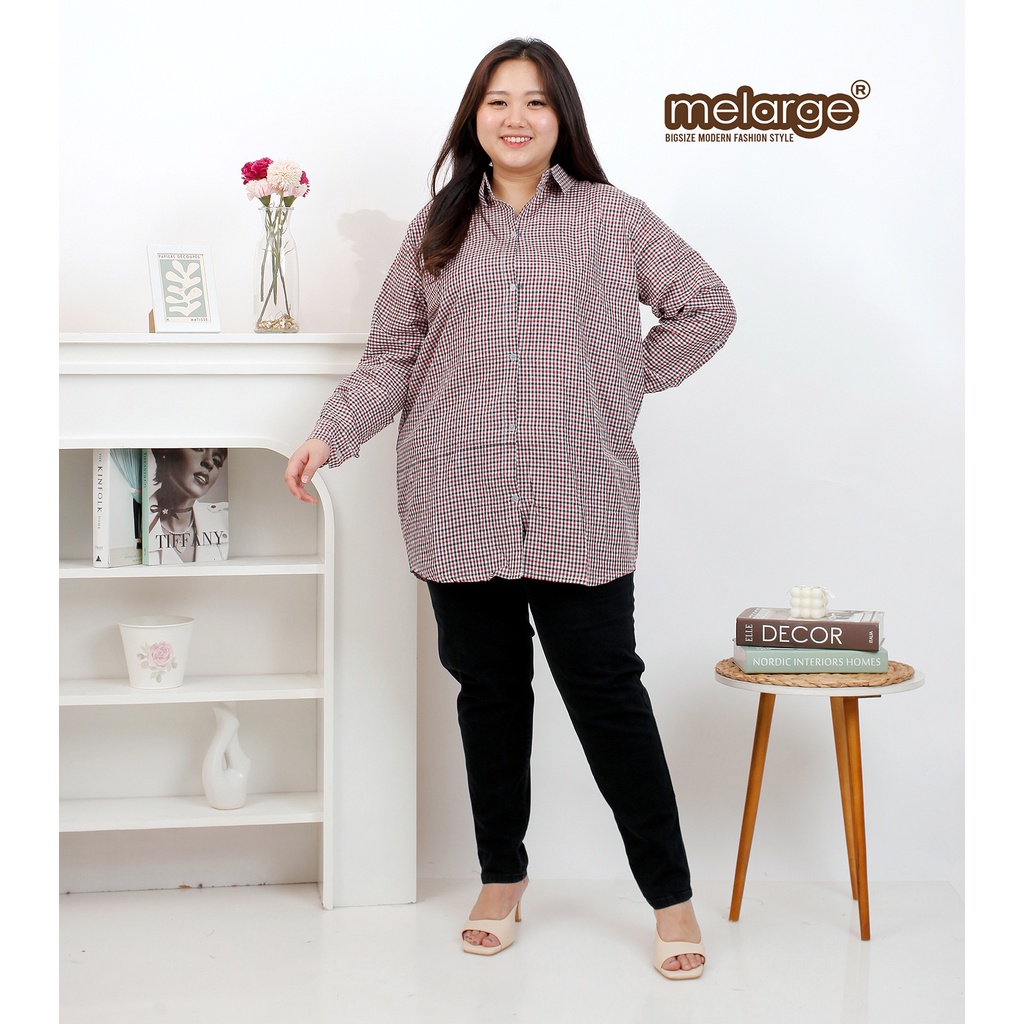 MELARGE - Kemeja Jumbo XXXXL 4XL 4L Motif Tartan Kotak-Kotak Square Big Size Kemeja Kerja Jumbo Wanita