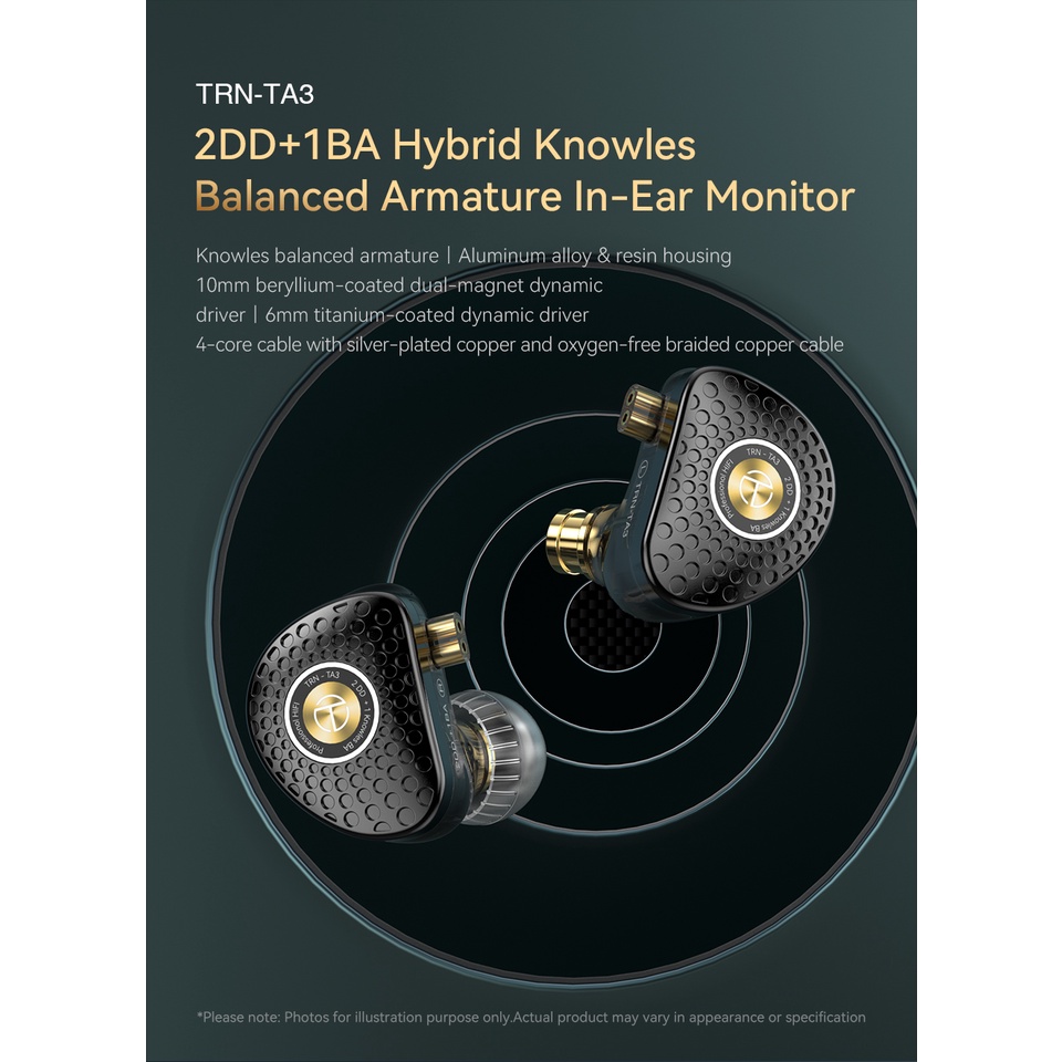 Trn TA3 Hi-FI 2DD 1BA Knowles Hybrid Beryllium Plated Dynamic In ear Earphone HIFIMetal Running IEM Untuk MT4 MT3 VX PRO TA1