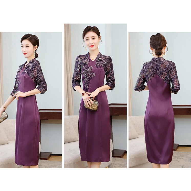 Gaun Pesta 2302007 Ungu Merah Lengan Siku V Neck Party Dress