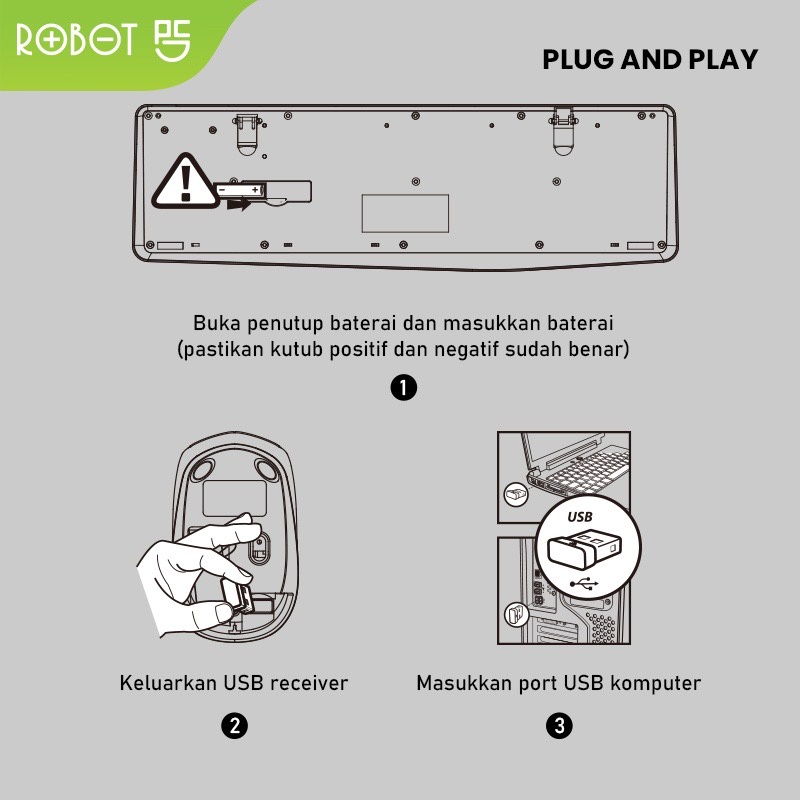 ROBOT KM3100 Paket Keyboard Mouse Wireless Set Mini 1600 DPI - Garansi Resmi 1 Tahun