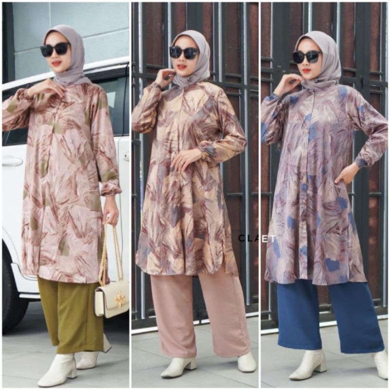 BISA COD GALERIAZKIYA CLAUDIA SET/ SET TUNIK PRINTING/ ONESET LONG TUNIK/ SETELAN TUNIK KATUN SILK A