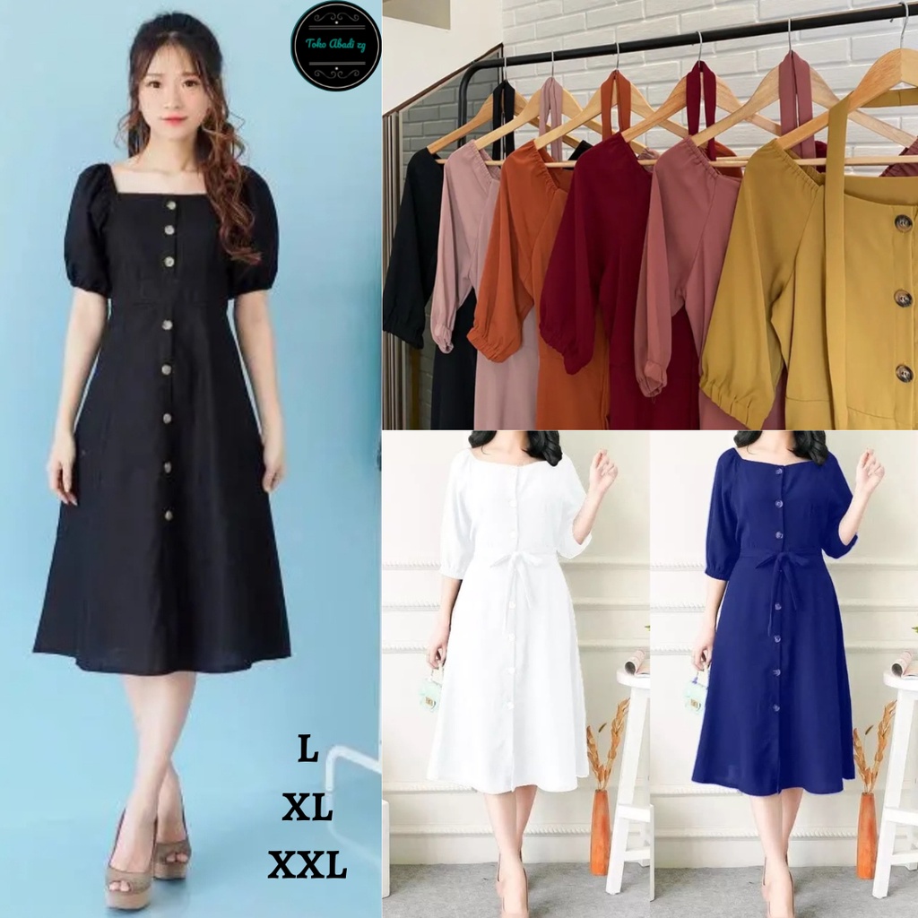 Dress Korean style daster bali dress midi dress andin dress wanita dress polos full kancing depan dress putih uk (L)