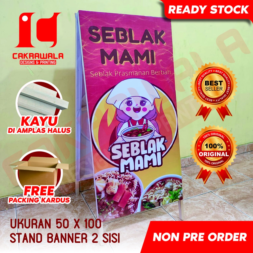 STAND BANNER KAYU JUALAN SEBLAK UKURAN 50 X 110 - STANDING BANNER KAYU - SEGITIGA BANNER KAYU - SEGI