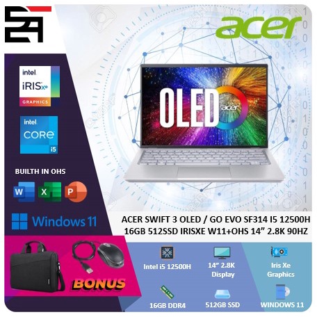 Acer Swift 3 GO EVO SF314 i5 12500H 16GB 512GB SSD IRISXE W11+OHS 14 Inchi 2.8K 90Hz OLED