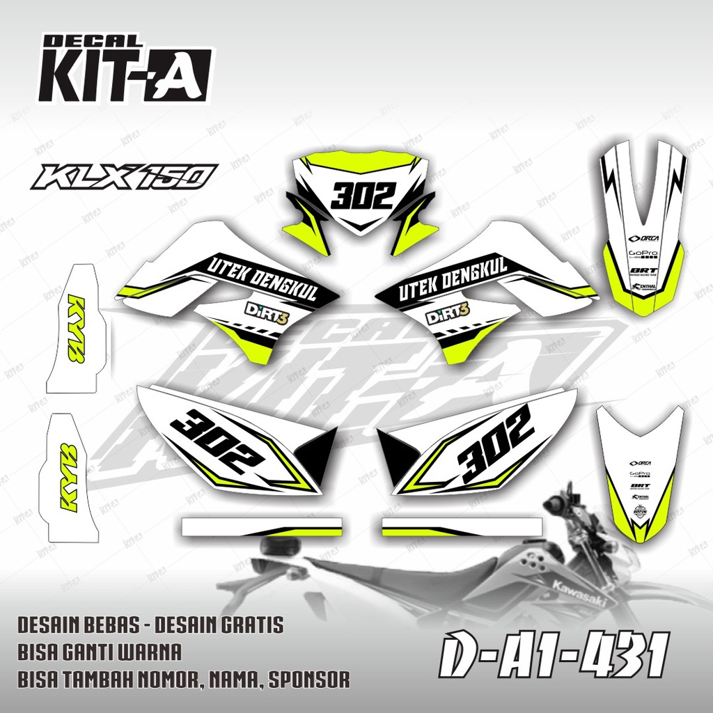 Decal KLX 150 S full body MOTIF SIMPLE SPORTY PUTIH HITAM LIS HIJAU STABILO D-A1-431