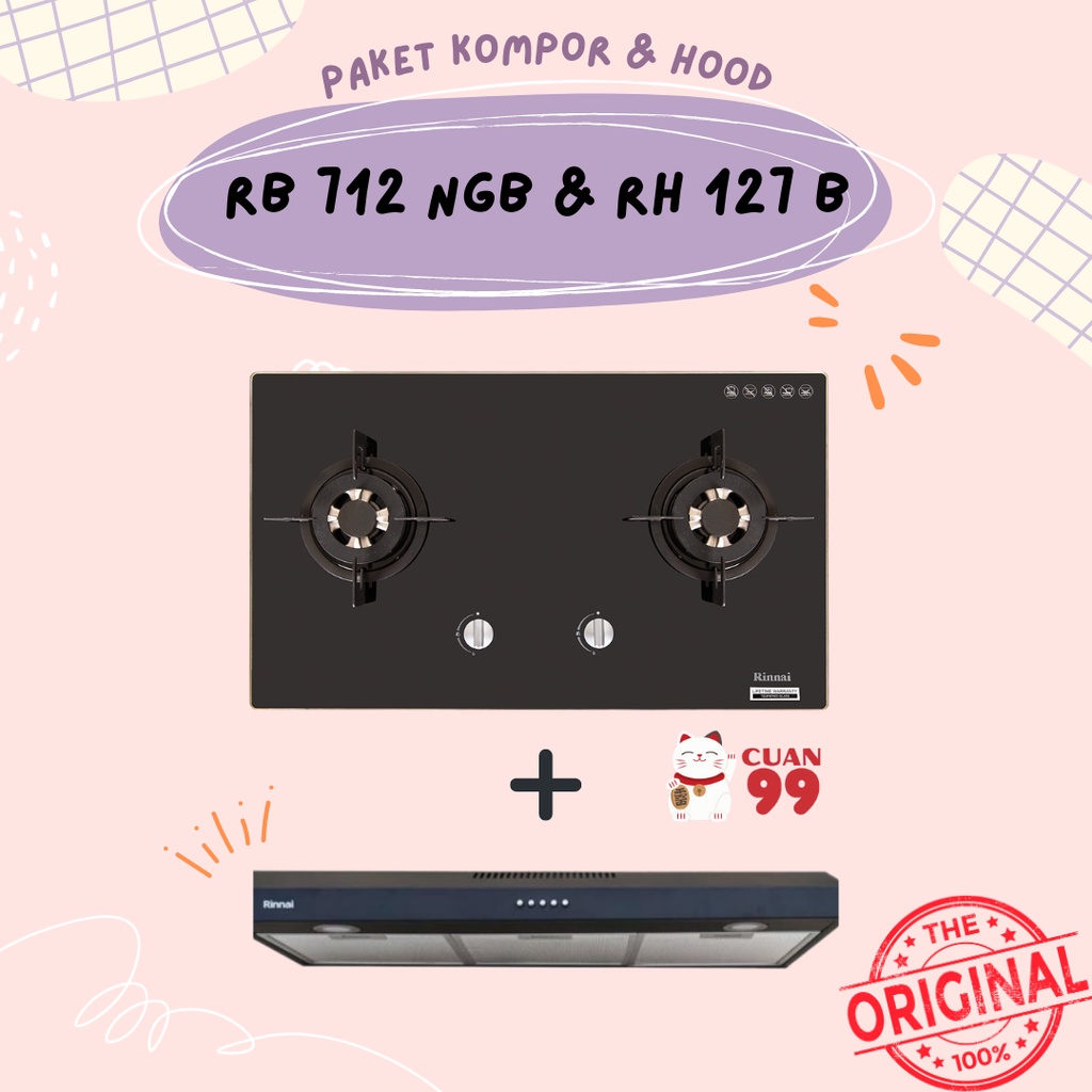 PAKET KOMPOR TANAM RINNAI RB 712 NGB &amp; COOKER HOOD RH 127 B