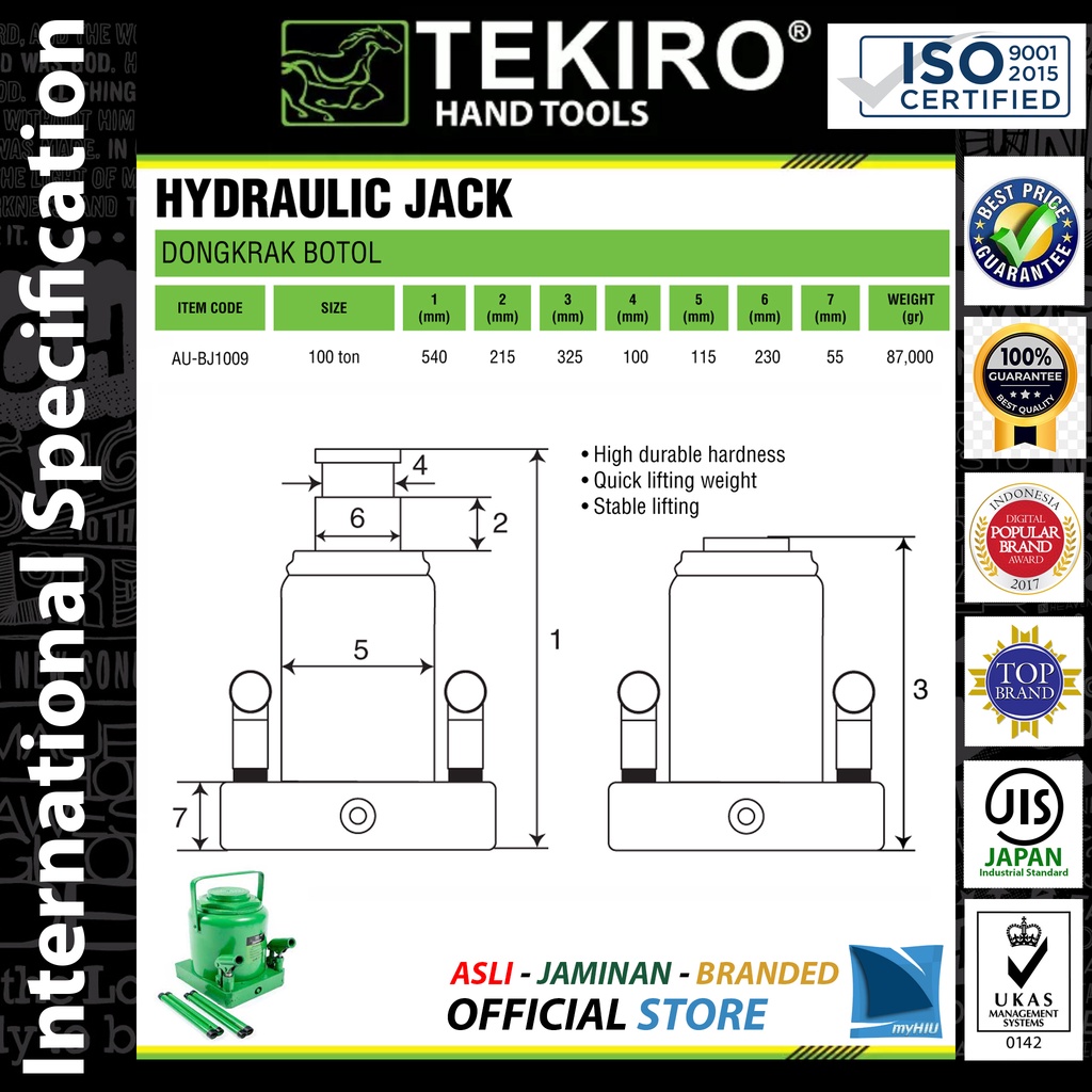 Dongkrak Botol 100 Ton / Hydraulic Bottle Jack TEKIRO