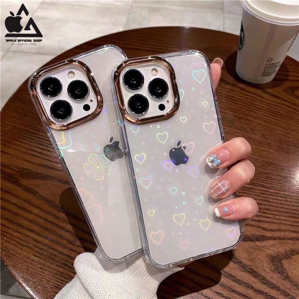 LUXURY SOFT CLEAR Goldy Love Hologram iPhone 14 PLUS 13 PRO MAX 12 PRO MAX XR 7 7+ 8 8+ SE 2 SE 3 List Chrome Krome Gold Laser Plating Softcase Soft Case Silikon Silicone Jelly Hardcase