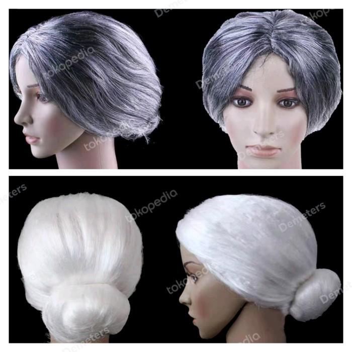 Wig Rambut Palsu Putih Abu Uban Sanggul Nenek Orang Tua Lansia Cosplay 084