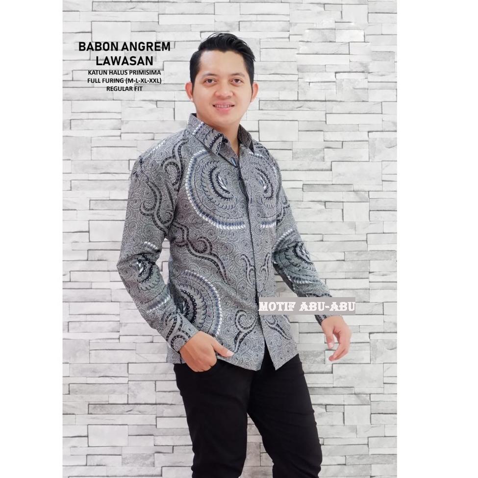 STOK TERBATAS BABON ANGKREM ABU LAWASAN Kemeja Batik Solo Pria Lapis Furing PREMIUM Lengan Panjang P