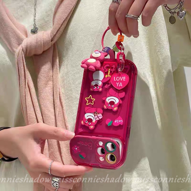 IPHONE Casing Ponsel Cermin Make Up Flip Kreatif Kompatibel Untuk Iphone11 7 8 14 Plus XR 13 12 11 14 Pro MAX XS MAX X SE Rose Red Lucu Kartun Strawberry Bear Manyo Soft TPU Silicon Case