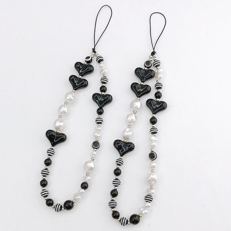 3d Cinta Hati Warna Kontras Manik-Manik Mutiara Rantai Tali Telepon Anti Hilang Untuk Semua Ponsel Untuk iPhone Android OPPO VIVO Huawei Xiaomi Redmi Samsung