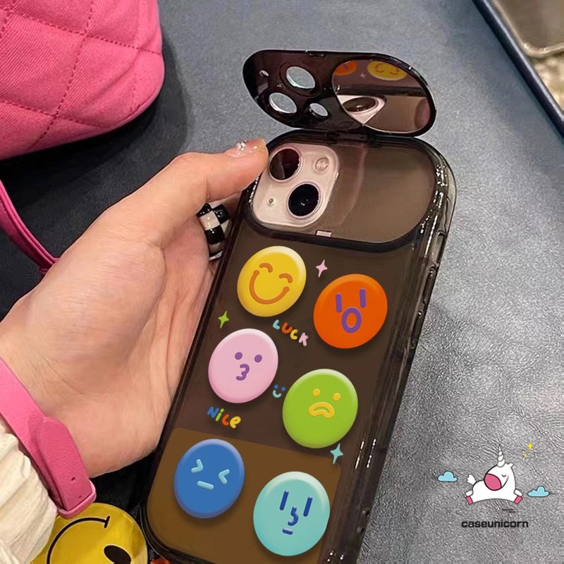 Casing Ponsel Kompatibel Untuk IPhone 7plus 8plus 11 14 13 12 Pro Max7 8 14 Plus XR X XS MAX SE Kreatif Flip Make Up Cermin Kartun Lucu Smiley Smile Lembut TPU Silicon Case