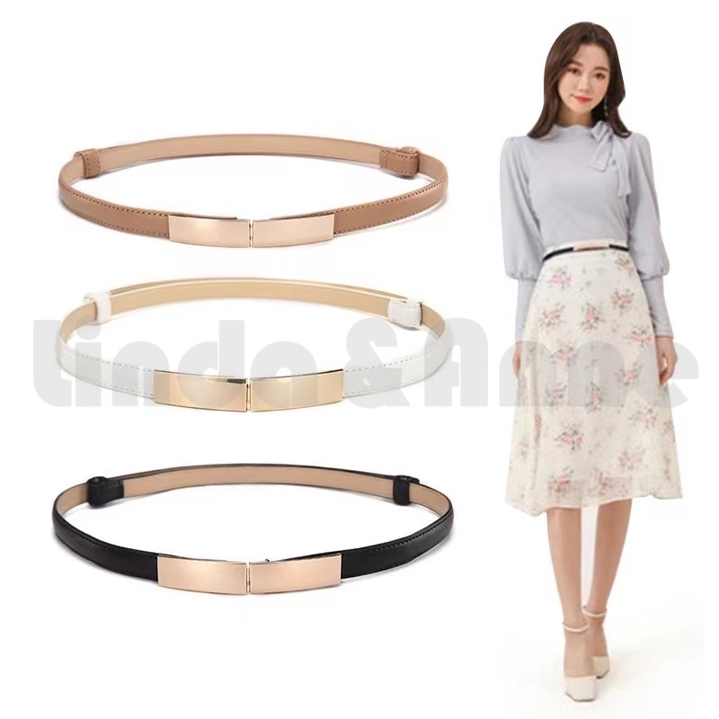 Ikat Pinggang Wanita Kulit Imitasi Slim Casual Warna Warni - Women Belt Thin Skinny Metal Gold ElastiC