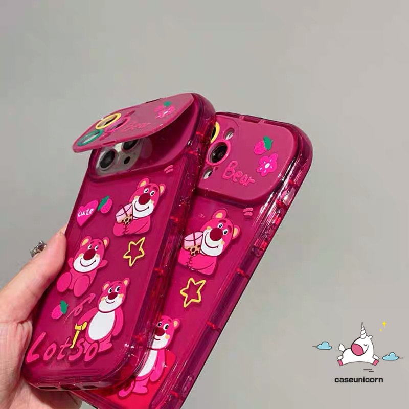 IPHONE Kartun Lucu Manyo Strawberry Bear Phone Case Kompatibel Untuk Iphone11 13 12 14 Pro Max7 8 14 Plus XR X XS MAX SE Kreatif Flip Make Up Cermin Lembut TPU Rose Red Silicon Case