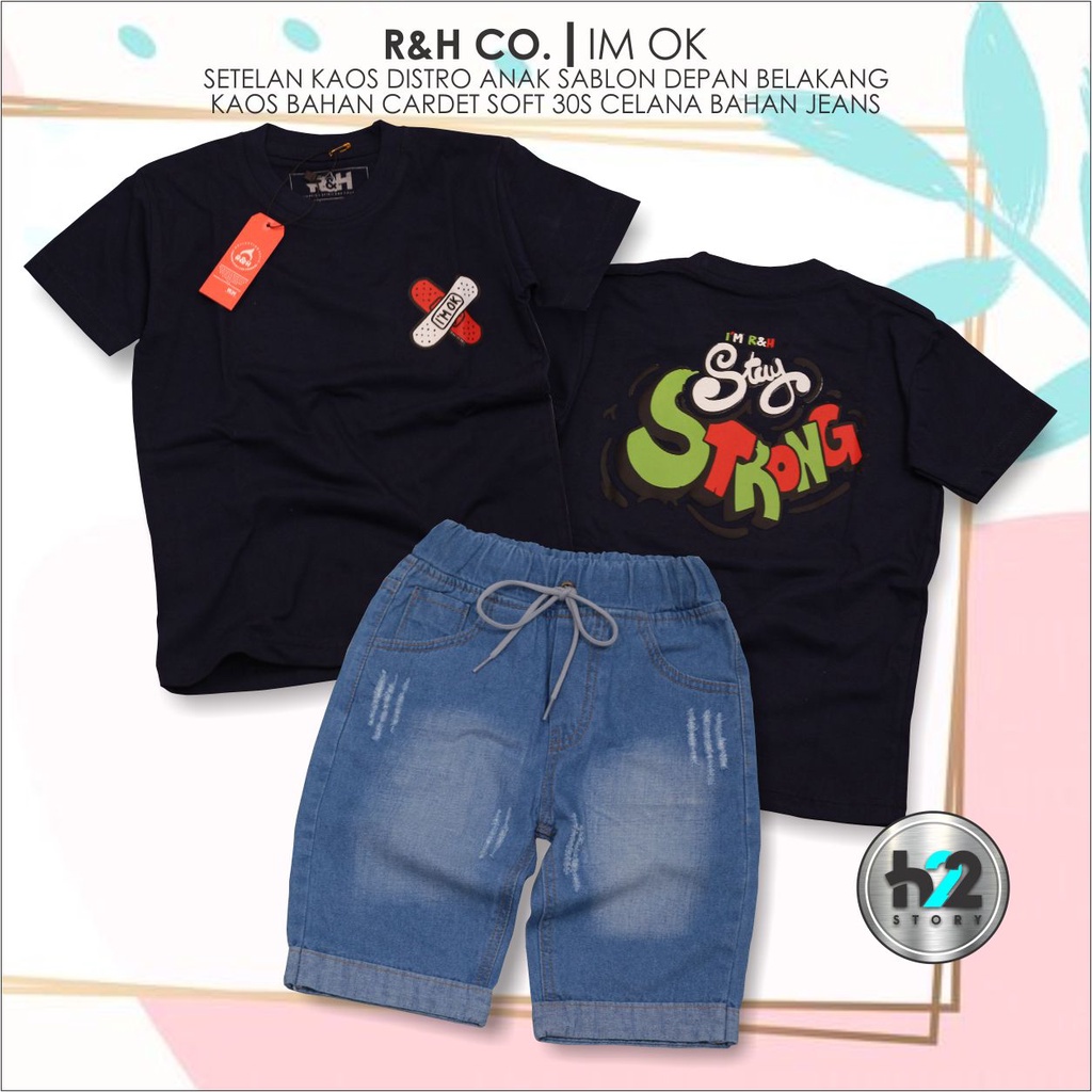 Setelan Anak Celana Jeans / Setelan Jeans Anak Laki Laki /  Setelan Kaos Distro Anak Celana Jeans Pendek Usia 3-12 Tahun / By H22Story-Navy Biru Muda