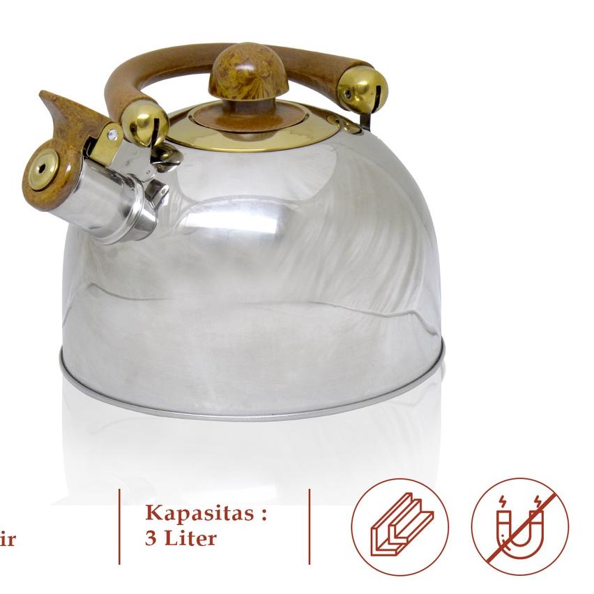 ✈ ROSH Teko / Ketel / Ceret 3 Liter Whistling Kettle Wooden Stainless Steel Anti Karat ROS ➺