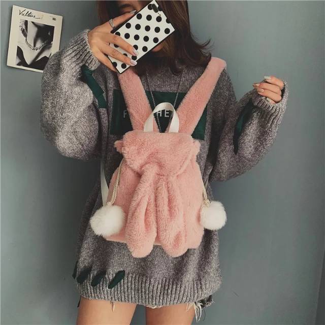 Tas Ransel Wanita Pikaboy Tas Ransel Boneka Pompon Rabbit Bulu FurBauty Tas Ransel Backpack Perempuan Gemoy Lucu