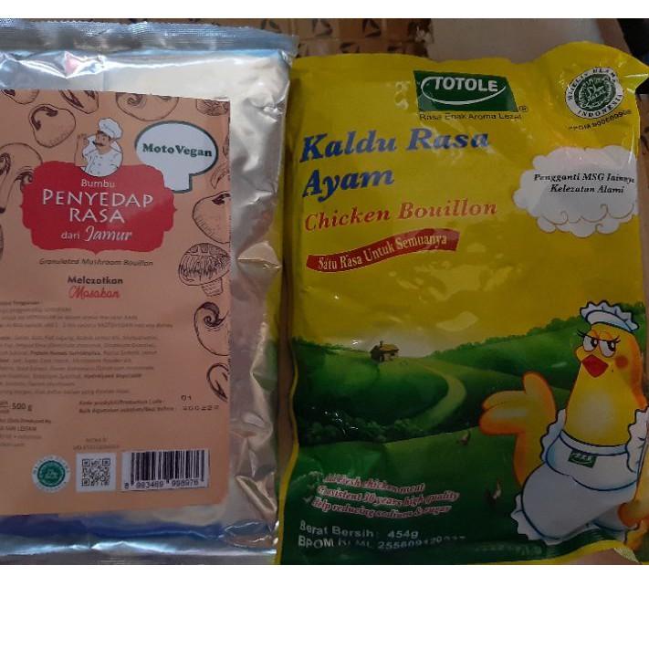 

◘ Paket 2in1 kaldu r 500gram moto vegan non msg +totole kaldu ayam 454 gram dengan label halal ♪