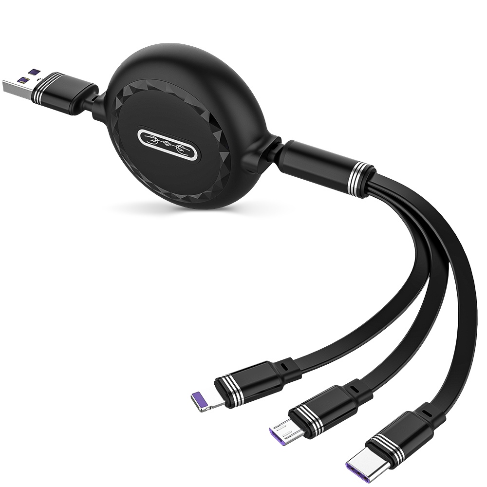 Kabel 3in1 8pin Micro USB Tipe C Untuk Huawei Samsung USB C Charger Cable Ditarik 120cm 3A Charging USB C Cable