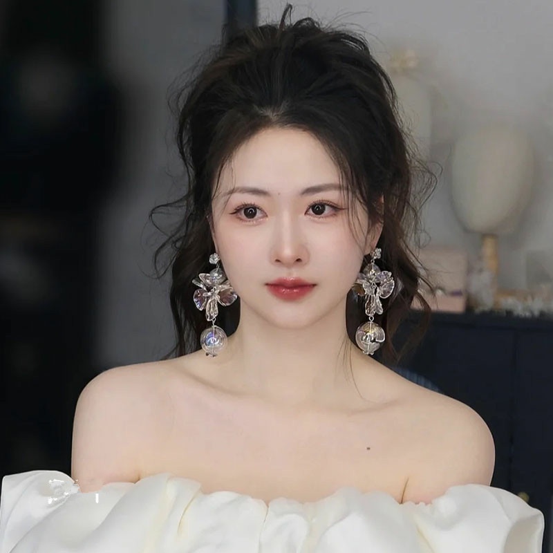 Cahaya Mewah Korea Transparan Balon Air Bunga Anting Panjang Peri Kecantikan Anting Kepribadian Berlebihan Aksesoris Anting Pengantin