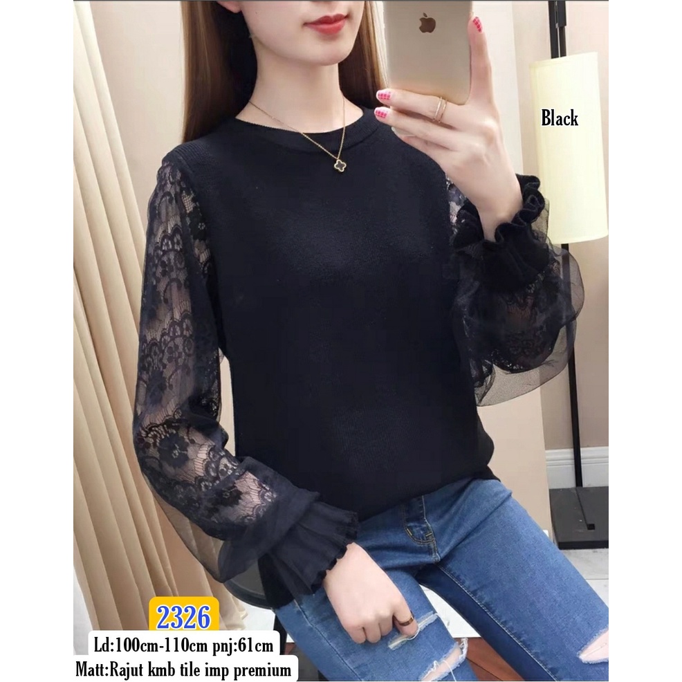 Yoira-TanahAbang 130123 - M1 Blouse pnj rajut tile brukat black/coksu/cream/grey 2326 Bahan rajut km