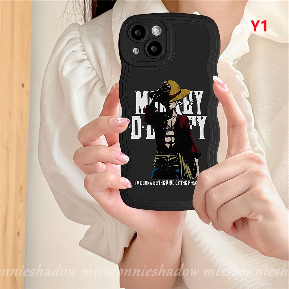 IPHONE Casing Ponsel Anime One Piece Merek Trendi Kompatibel Untuk Iphone11 Pro Max XR 78 Plus X XS Max 13 11 12 14 Pro Max 14 6s 6 Plus SE 2020 Kartun Luffy Lembut Tpu Hitam Bergelombang Penutup Tepi