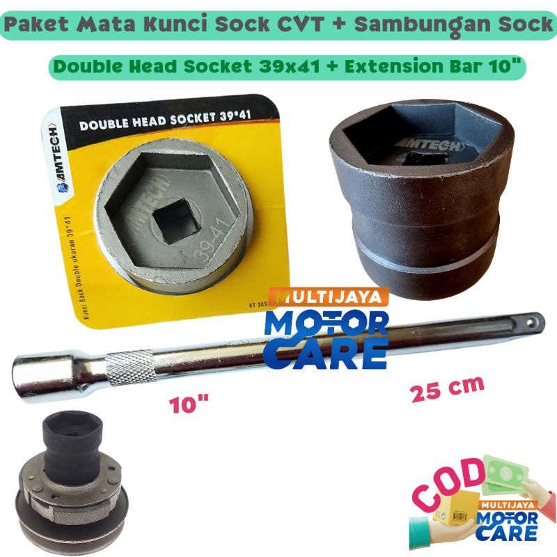 Paket Double Head Socket Mata Shock Blok CVT  39x41 mm +  Extension Bar 3&quot; 5&quot; 10&quot; Sambungan Kunci Shock Sok CVT 1/2&quot;