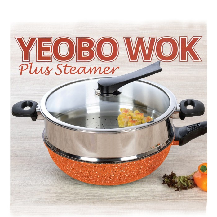Terlaris Panci Wajan Wok Pan New Yeobo Granite Orange 30Cm + Steamer /Kukusan