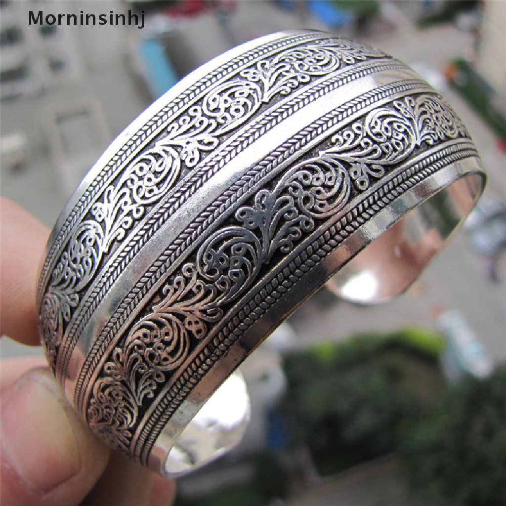 Mornin Tibet Perak Disepuh Tibet Totem Bangle Perhiasan Cuff Lebar Gelang Antik Wanita id