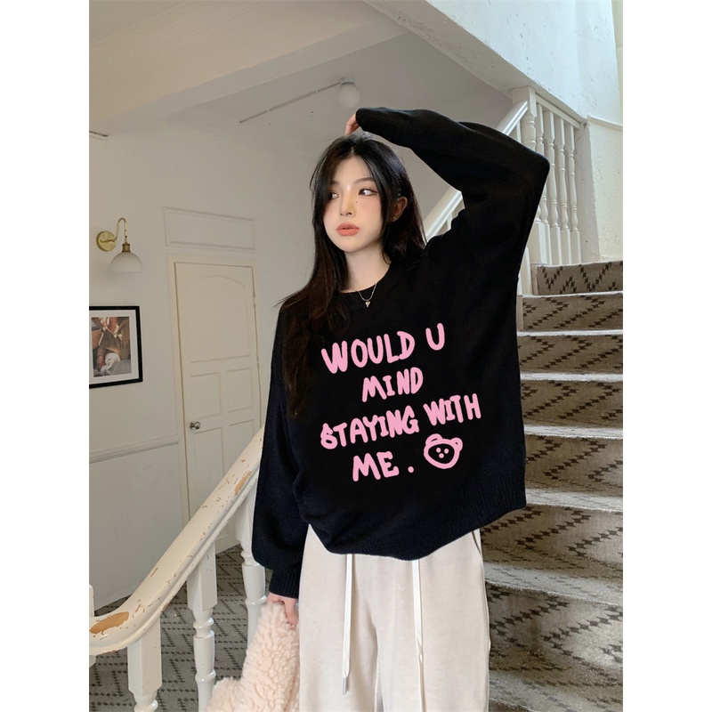 EUNII Sweater Lengan Panjang Cute Pink English Korean Style/Sweater Crop/Baju Wanita/Switer Wanita/Switer