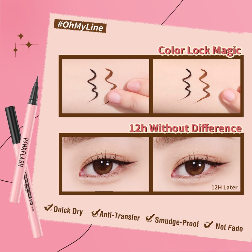 ❤ PAMELA ❤PINKFLASH Waterproof Easy Eyeliner Pen Black PF-E01 | Eye Liner Hitam &amp; Coklat | Pink Flash Smoodgeproof | BPOM ORIGINAL