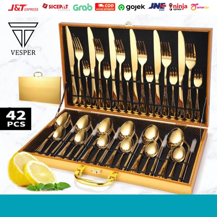 

(COD) paket hampers alat makan 42pcs sendok set dinner + sedotan stainless - DNROSEGOLD42PCS