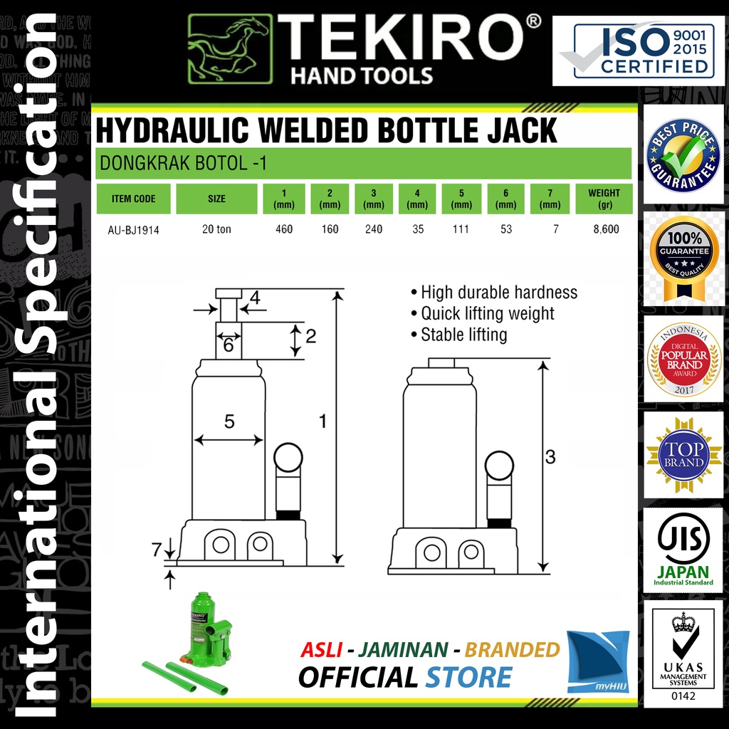 Dongkrak Botol 20 Ton / Hydraulic Bottle Jack TEKIRO