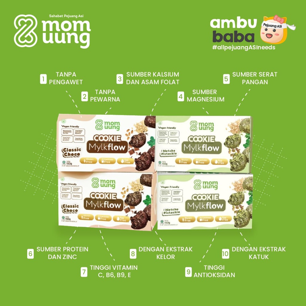 MOM UUNG COOKIE ASI BOOSTER MYLKFLOW CLASSIC CHOCO ATAU MATCHA PISTACHIO /COOKIE SEHAT PELANCAR ASI/ VEGAN