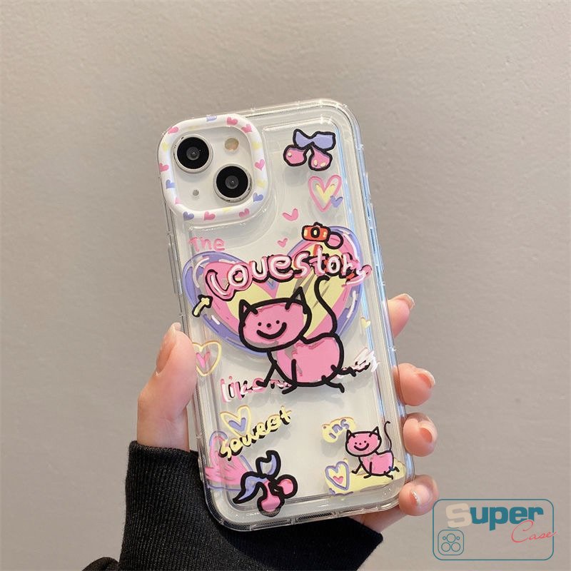 IPHONE Casing Ponsel Kompatibel Untuk Iphone11 7 8 Plus XR X13 12 14 Pro Max 6s 6 Plus XS Max SE 2020 Ins Graffiti Kartun Lucu Cinta Hati Kucing Lembut Silicon TPU Airbag Shockproof Clear Cover