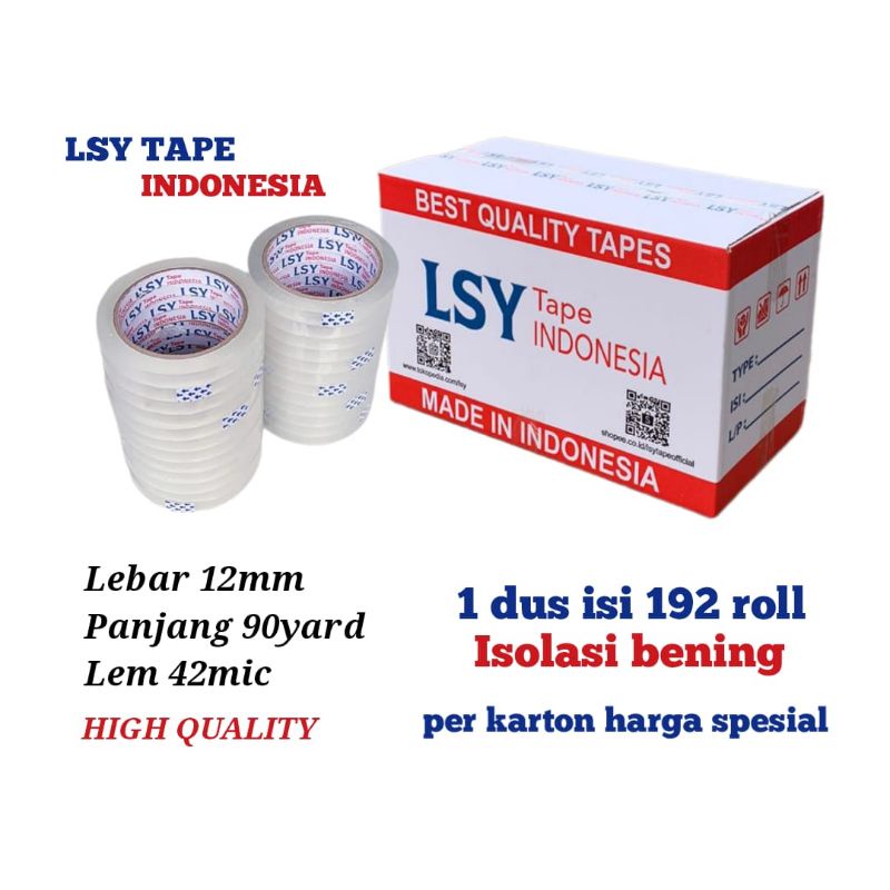 

lakban bening / isolasi bening 12mm x 90yard 1 dus isi 192 roll LSY TAPE INDONESIA ( CBM )