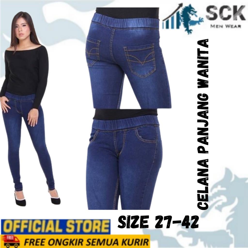 Celana Panjang Jeans Wanita CARRY BLESSING Legging Pinggang Karet / Bawahan Denim Cewek Hitam Navy Blueice Blue Casual Size 31-42 - sckmenwear GROSIR